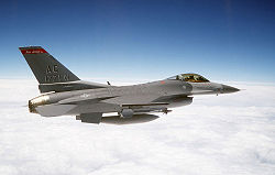 An F-16 Fighting Falcon, a military fixed-wing aircraft
