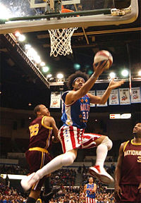 Eugene "Killer" Edgerson of the Harlem Globetrotters goes up for a layup.
