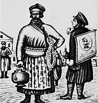 A sbitenshchik (left) selling bubliks and baranki (nineteenth century)