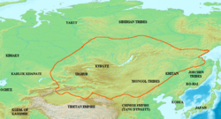 Map of the Uyghur Khaganate and areas under its dominion (in yellow) at its height, c. 820 C.E.