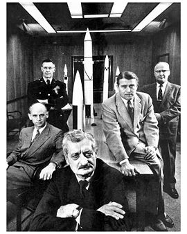 Oberth (in front) with fellow ABMA employees. Left to right: Dr. Ernst Stuhlinger, Major General Holger Toftoy, Oberth, Dr. Wernher von Braun, and Dr. Robert Lusser.