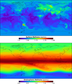 Computer models showing the amount of methane (parts per million by volume) at the surface (top) and in the stratosphere (bottom)
