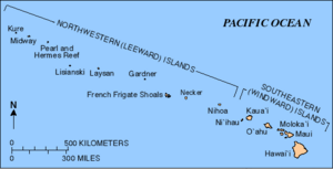 Map of the Hawaiian Islands, a chain of islands that stretches 2,400 km in a northwesterly direction from the southern tip of the Island of Hawaii