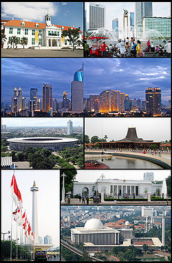 (From top, left to right): Jakarta Old Town, Hotel Indonesia Roundabout, Jakarta Skyline, Gelora Bung Karno Stadium, Taman Mini Indonesia Indah, Monumen Nasional, Merdeka Palace, Istiqlal Mosque
