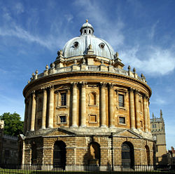 The Radcliffe Camera, built 1737-1749, holds books from the Bodleian Library's English and History collections.