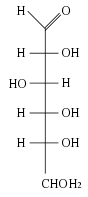 Glucose as a straight-chain carbohydrate (Fischer projection). Glucose is an aldohexose because it has a terminal carbonyl group.