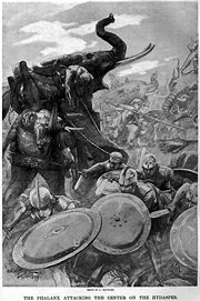 A painting by Andre Castaigne depicting the phalanx attacking the center during the Battle of the Hydaspes