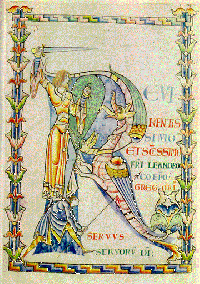 Illumination in a twelfth century manuscript of a letter of Gregory's to Saint Leander, bishop of Seville (Bibl. Municipale, MS 2, Dijon).
