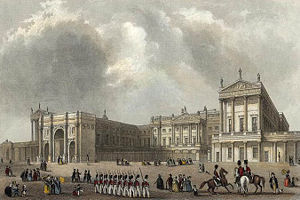 The Palace c. 1837, depicting the Marble Arch, which served as the ceremonial entrance to the palace precincts. It was moved to make way for the east wing, built in 1847, which enclosed the quadrangle.