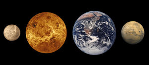 Size comparison of terrestrial planets (left to right): Mercury, Venus, Earth, and Mars
