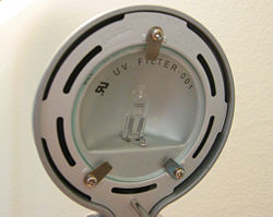 A Halogen lamp behind a round UV filter. A separate lens is included with some halogen light fixtures to filter out UV light
