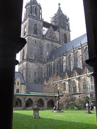 The cathedral's twin spires, seen from the courtyard.