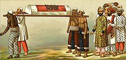 A lithographic painting depicting a Muslim funeral procession in India, circa 1888.