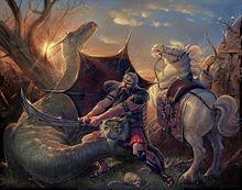 Rostam Slaying the Dragon: Scene from Shahnameh by the epic poet Ferdowsi.