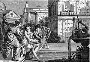 Bathsheba bathes as David looks down at her.