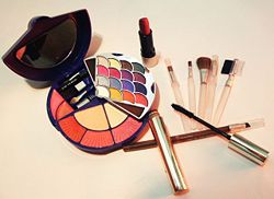 Assorted cosmetics and tools.
