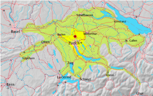 the approximate extent of Greater Zurich Area is marked in green.