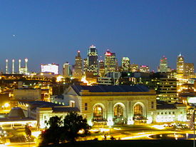 Union Station, with downtown Kansas City in the background, at twilight, 2004.