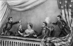 The assassination of Abraham Lincoln. From left to right: Henry Rathbone, Clara Harris, Mary Todd Lincoln, Lincoln, and Booth.
