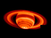 Saturn's temperature emissions. The prominent hot spot at the bottom of the image is at Saturn's south pole.