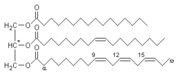 The structure of a triglyceride, which consists of a glycerol "head" (at left) and three fatty acid "tails" (right). This unsaturated fat contains the following fatty acids (from top to bottom): palmitic acid, oleic acid, and alpha-linolenic acid.