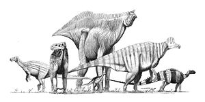 Various cerapod dinosaurs. Far left: Camptosaurus, left: Iguanodon, center background: Shantungosaurus, center foreground: Dryosaurus, right: Corythosaurus, far right (small): Heterodontosaurus, far right (large): Tenontosaurus.