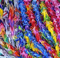 Folded paper cranes representing prayers for peace and Sadako Sasaki