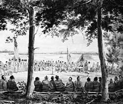 Pawnees in a parley with Major Stephen Long's expedition at Council Bluffs, Iowa, in 1819.