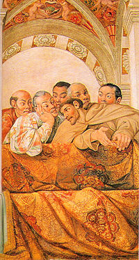 Hasekura conversing with the Franciscan Luis Sotelo, surrounded by other members of the embassy, in a fresco showing the "glory of Pope Paul V." Sala Regia, Quirinal Palace, Rome, 1615.