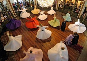 Whirling Dervishes perform at the Mevlevi Museum in Konya, Central Anatolia region.