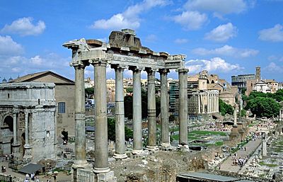 The remains of the Temple of Saturn in the Roman Forum.