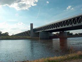 The Magdeburg Water Bridge as seen from the shores of the Elbe.