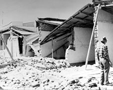 Large scale destruction of adobe houses in Guatemala City, following the earthquake of February 4, 1976.