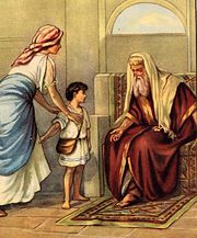 The high priest Eli greets the future prophet Samuel in the Tabernacle at Shiloh