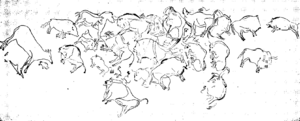Outline of cave paintings in Altamira. The paintings measure approximately 45.5 feet (13.9 meters).