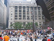 A Critical Mass gathering on the Daley Plaza, with Chicago City Hall in the background