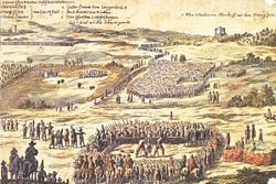 Seven of the "ringleaders" of the peasant war were executed at Basel on July 24, 1653. Six were decapitated, one was hanged (shown in the background right).