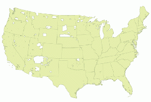 Tribal sovereignty: Map of the United States, with reservation land shown in white.
