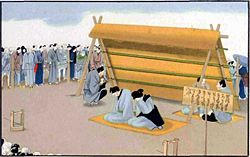 Man and woman undergoing public exposure for adultery in Japan, around 1860