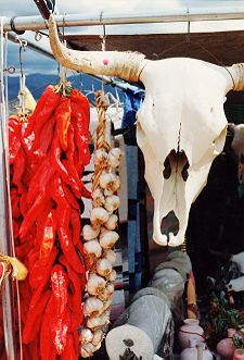 Symbols of the Southwest—a string of chili peppers and a bleached white cow's skull hang in a market near Santa Fe.