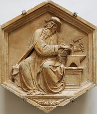 A Florentine marble carving of Ptolemy (86–161), who created an Earth-centered universe theory that the scholars Jin Guantao, Fan Hongye, and Liu Qingfeng compare with Zhang Heng's theory published in 125