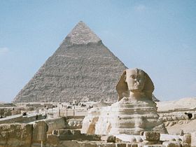 The Great Sphinx of Giza, with the Pyramid of Khafre in the background