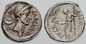 Caesar was the first living man to appear on a Roman Republican coin. Coin from CNG coins http://www.cngcoins.com, through Wildwinds. Used with permission.