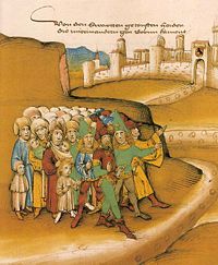 First arrival of the Roma outside Berne in the fifteenth century, described by the chronicler as getoufte heiden "baptized heathens" and drawn with dark skin and wearing Saracen style clothes and weapons (Spiezer Schilling, 749).
