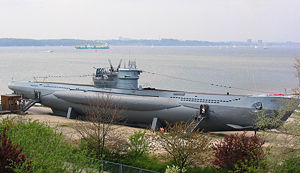 U-995, a German Type VI U-Boat of World War II, showing the typical combination of ship-like non-watertight outer hull with bulky strong hull below