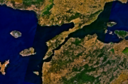 Satellite image of the Thracian Chersonese (now known as the Gallipoli Peninsula) and surrounding area. Alcibiades traveled to the Chersonese in 408 B.C.E. and attacked the city of Selymbria on the north shore of the Propontis.