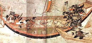 Japanese samurai boarding Mongol ships in 1281.