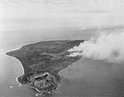 Aerial view of Iwo Jima during the pre-invasion bombardment