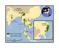 Historical distribution of tigers (pale yellow) and 2006 (green) (NFWF 2007).