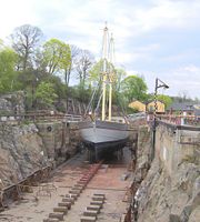 The brig Stockholm in one of the historical dry docks on the island Beckholmen in central Stockholm.